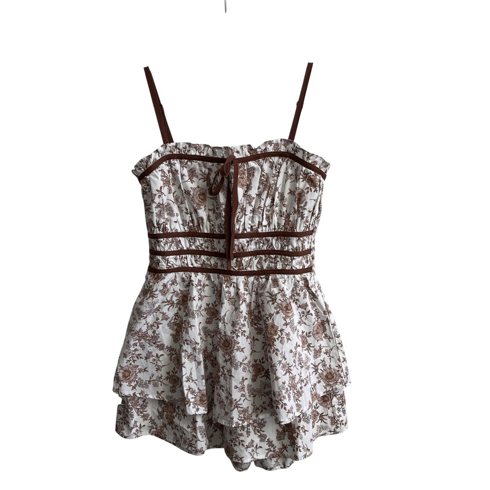 Francesca's Floral Romper Womens Medium White Brown Cottagecore Tiered‎ Ruffle